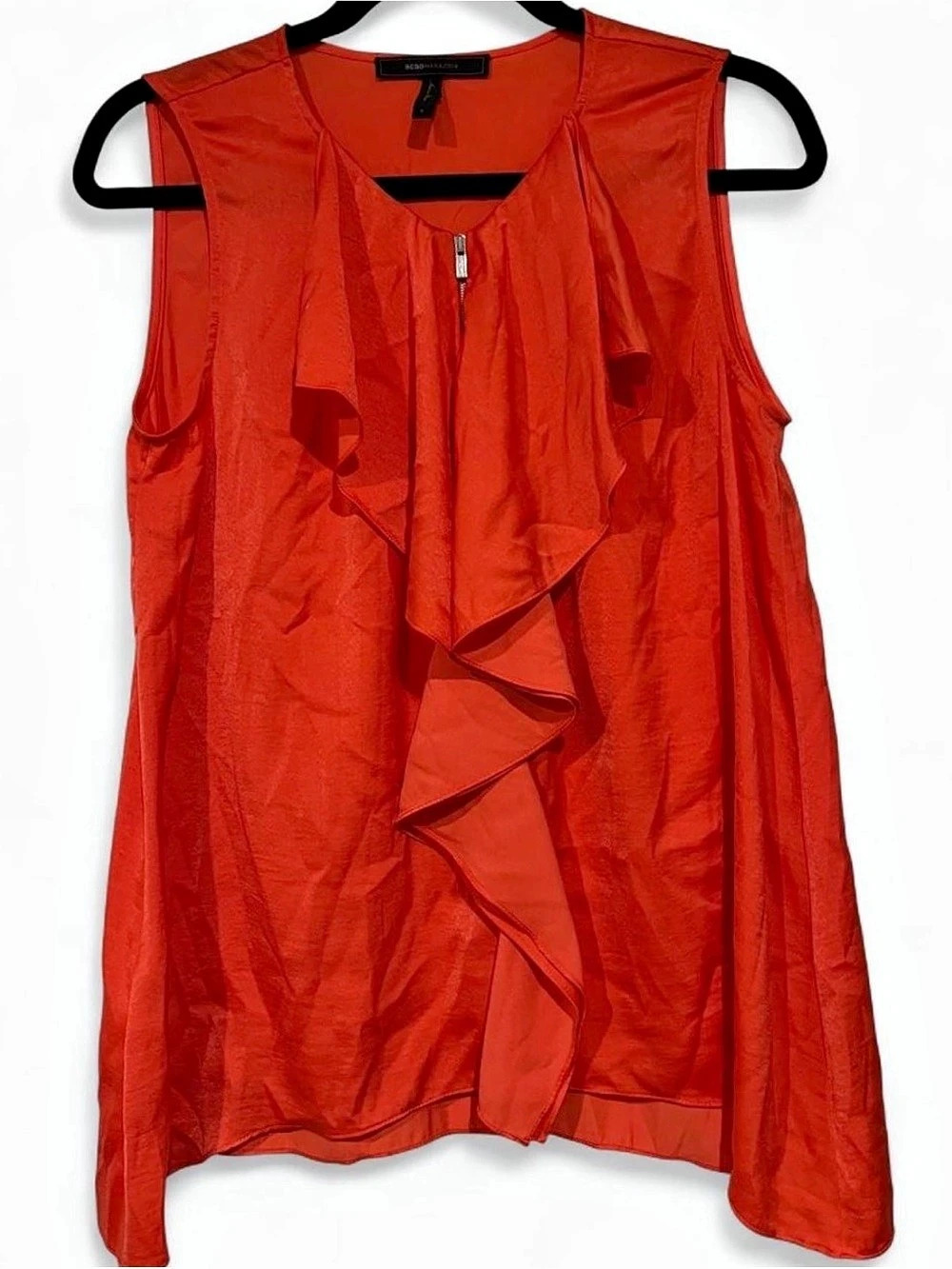 BCBGMAXAZRIA Red Ruffle Front Sleeveless Blouse Size Small